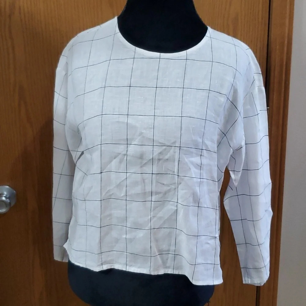 Eileen fisher linen checkered white black long sleeve top boxy cut